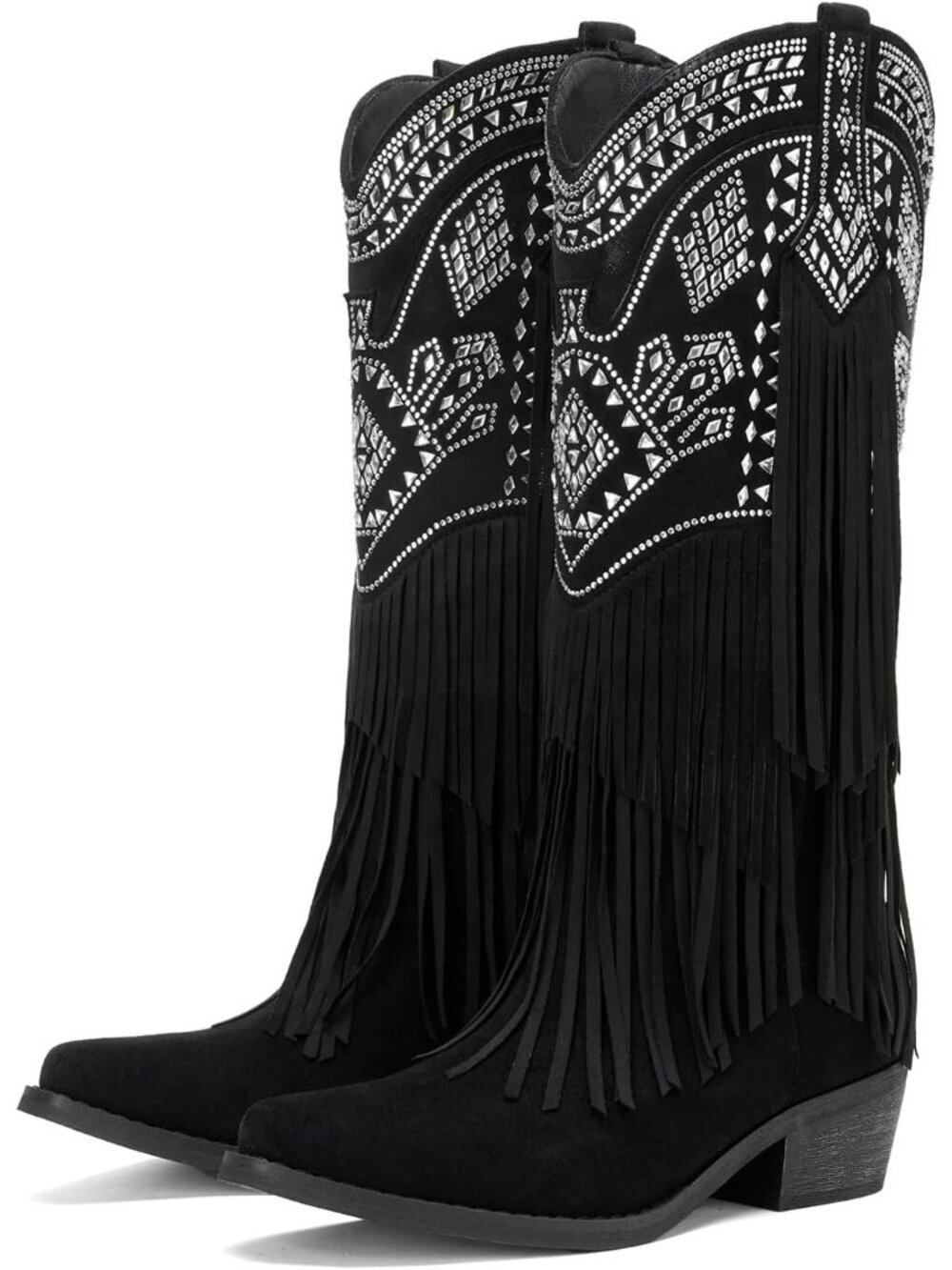 Women's Knee High Cowgirl Fringe Boots Black Rhinestone Chunky Heel Pointed Toe